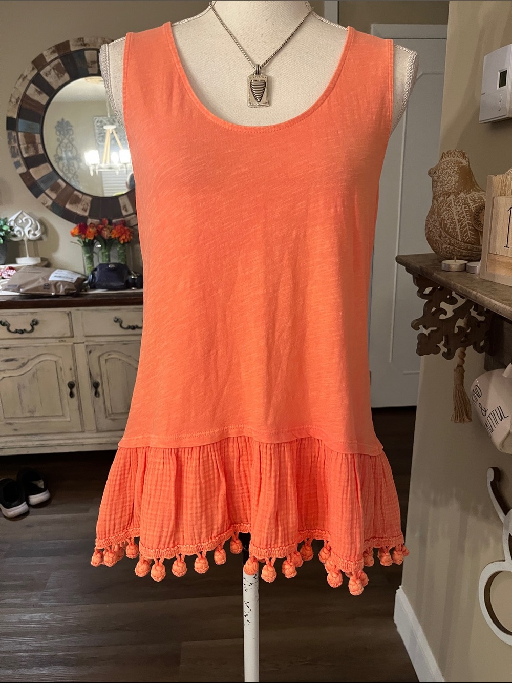 Eri & Ali Women’s Sleeveless Pom-Pom Hem Tank Top - Orange